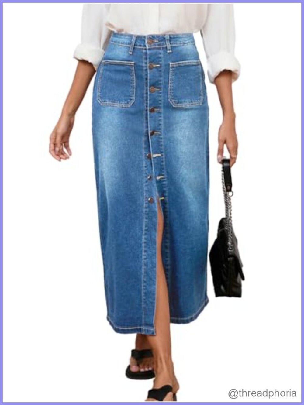 High Waist Stretch Denim Midi Skirt with Pockets